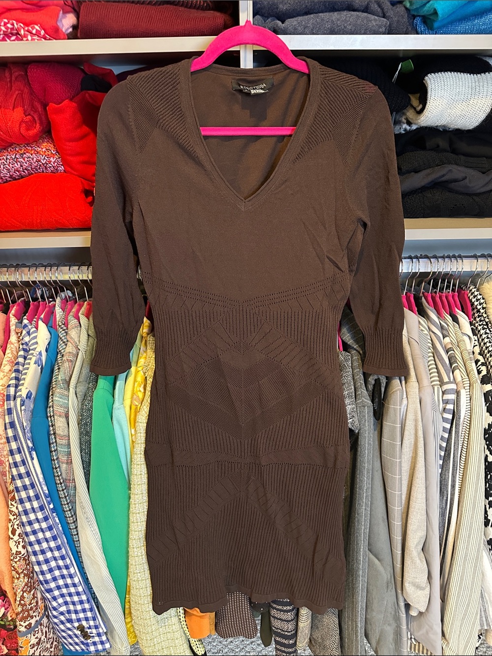Etcetera brown 3/4 sleeve lined v neck body con dress size S